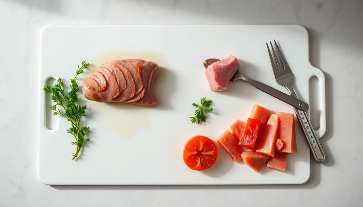 Mise en place de cuisine hygiénique avec magret cuit, ustensiles propres et thermomètre