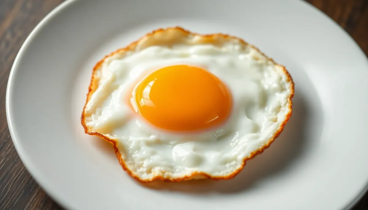 Œuf au plat parfaitement cuit avec blanc opaque et jaune ferme sur assiette blanche