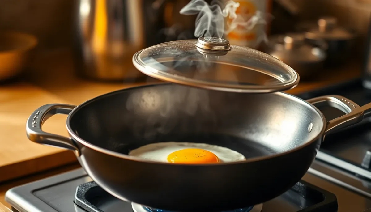 Œuf au plat en cours de cuisson dans une poêle avec couvercle, technique de cuisson sécurisée