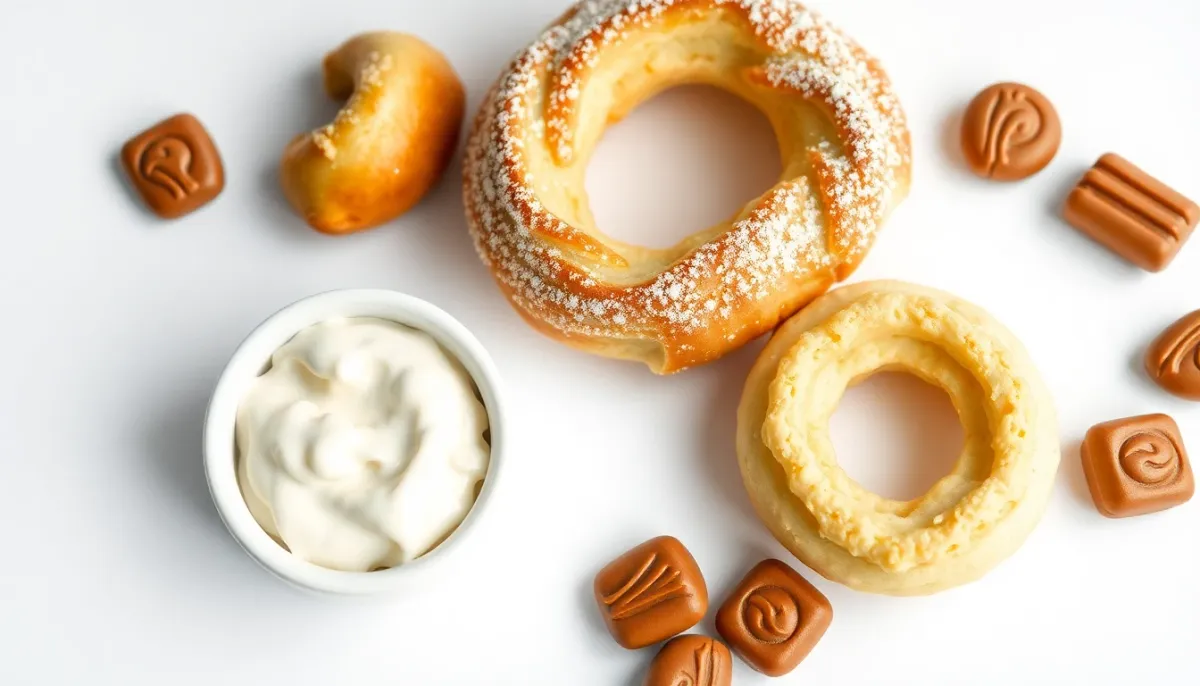 Gros plan des composants du Paris-Brest : pâte à choux, crème pâtissière et praliné séparés