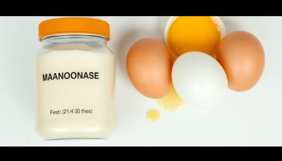 Comparaison visuelle entre un pot de mayonnaise industrielle pasteurisée et des œufs crus