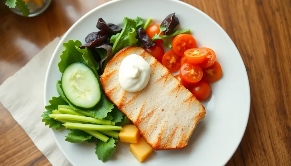 Assiette équilibrée avec légumes frais et mayonnaise en portion modérée