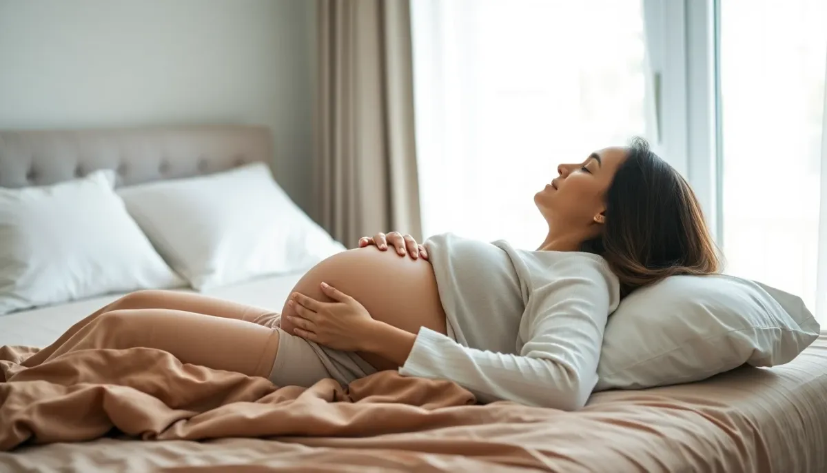 Femme enceinte de jumeaux en position confortable allongée sur le côté