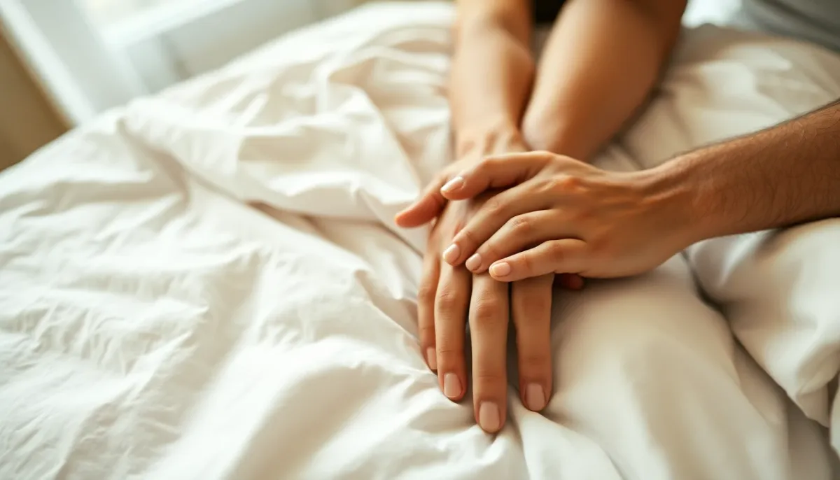 Gros plan sur les mains d'un couple enlacées sur un lit confortable, symbolisant l'intimité et la connexion