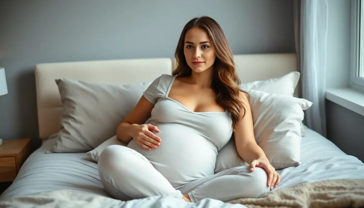 Femme enceinte assise confortablement sur un lit avec des coussins de soutien, illustrant le confort et l'adaptation physique