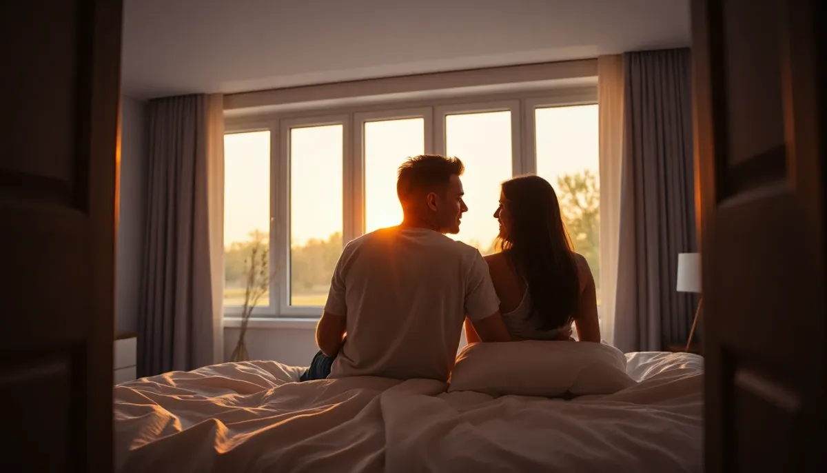 Couple enlacé dans une chambre moderne et lumineuse, représentant la complicité et l'intimité pendant la grossesse