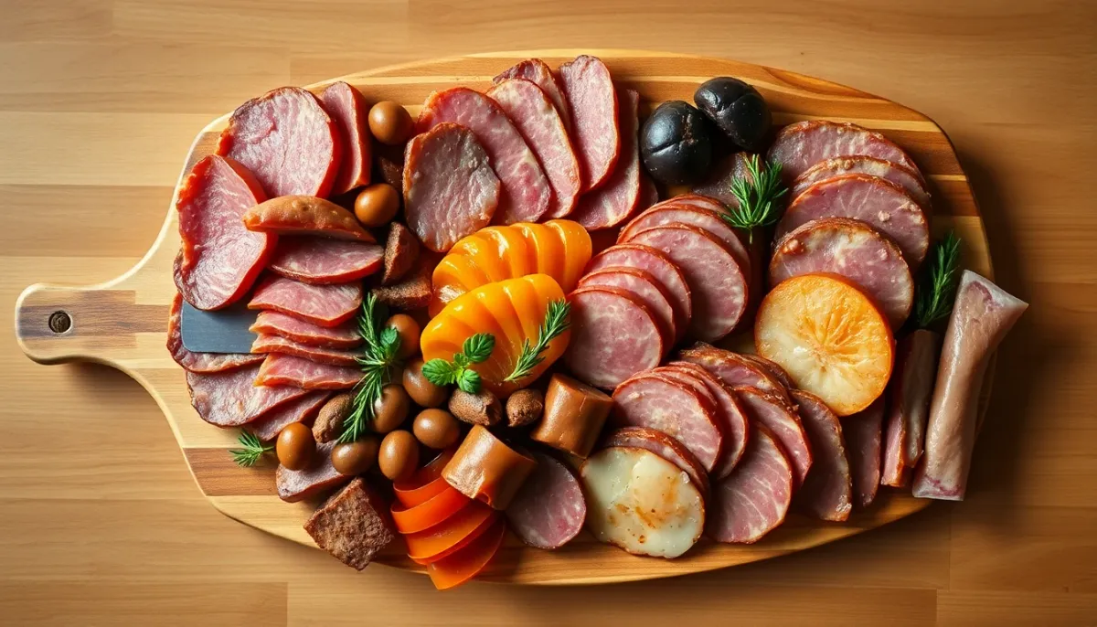 Assortiment de charcuteries et viandes froides présentées sur une planche en bois