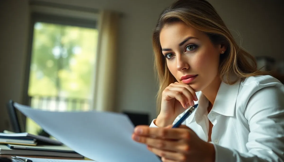 Femme consultant des documents professionnels, préparation et organisation de l'annonce