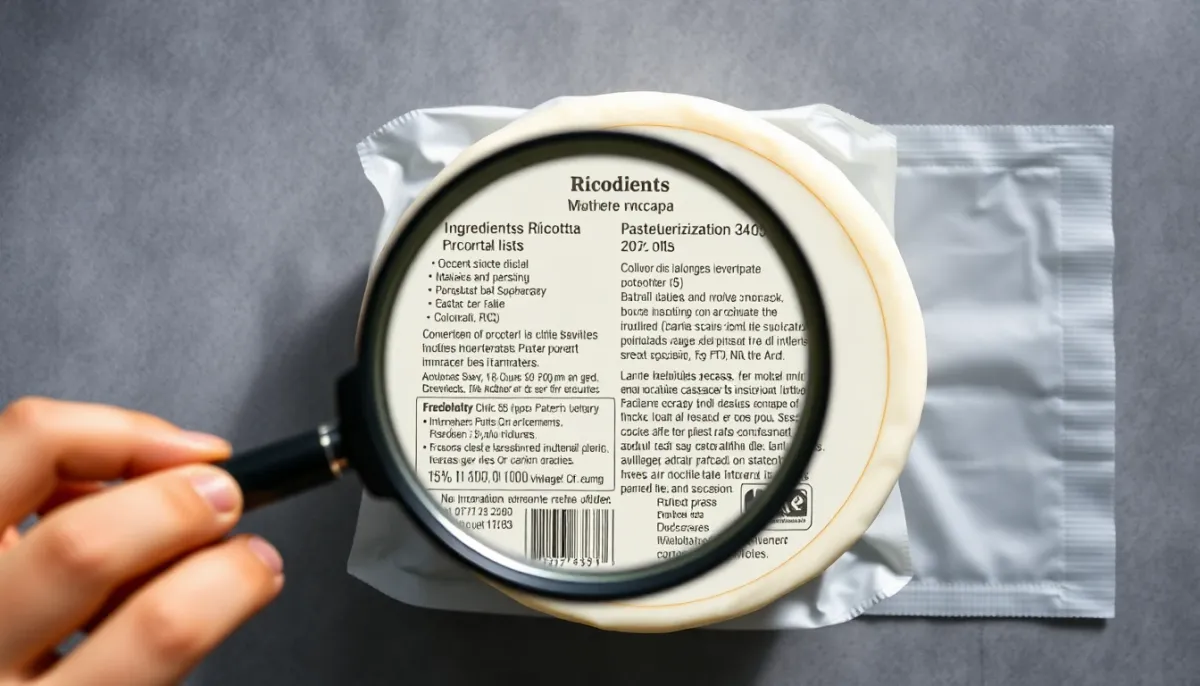 Étiquette de ricotta examinée de près montrant les mentions de pasteurisation et les ingrédients
