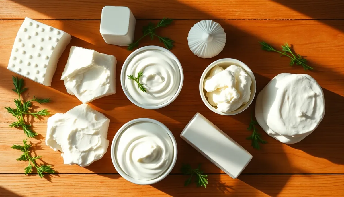 Sélection de produits laitiers pasteurisés sûrs pour la grossesse disposés sur une surface naturelle