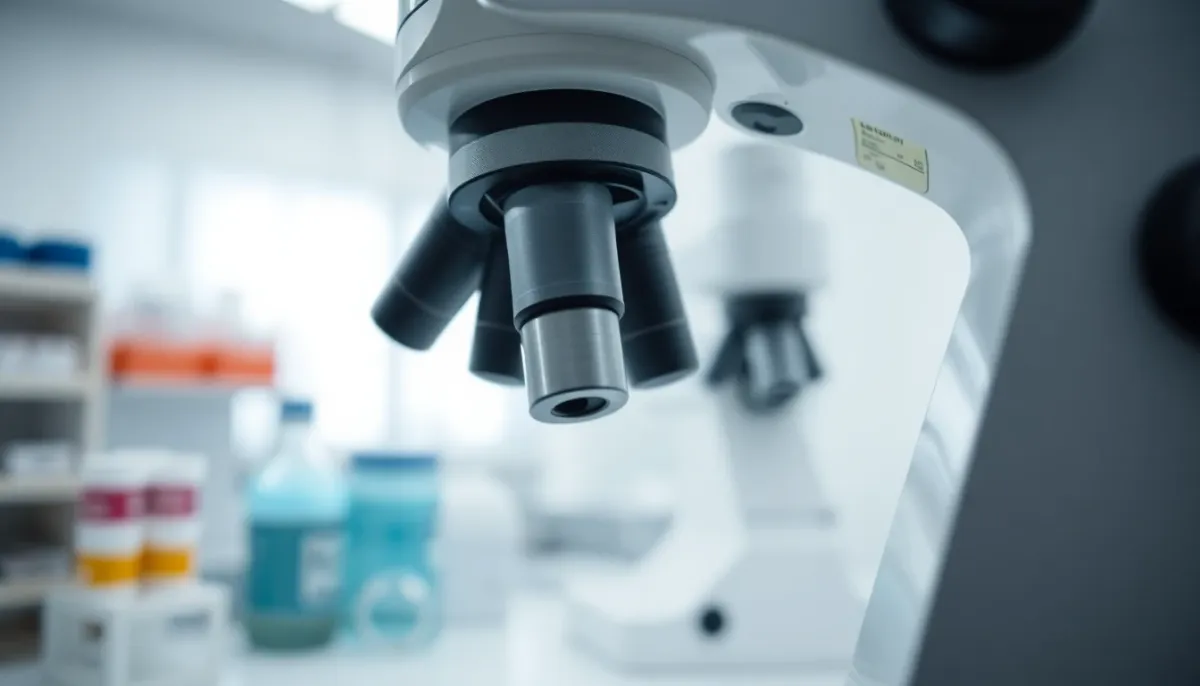 Microscope de laboratoire avec cultures bactériennes illustrant l'analyse médicale de la listériose
