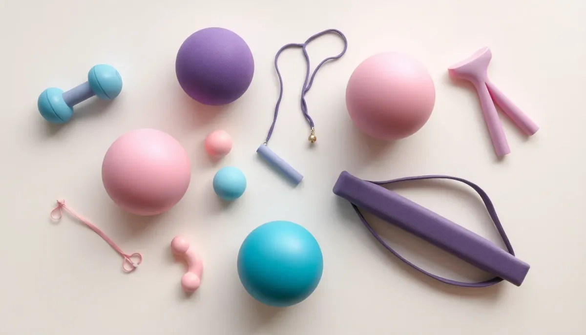 Accessoires de rééducation du périnée incluant boules de Kegel et outils d'entraînement disposés en composition plate