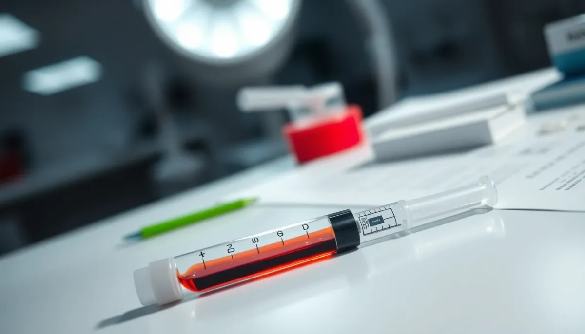 Gros plan d'un tube de prélèvement sanguin et d'une seringue sur un bureau médical, symbolisant le dépistage sérologique de la toxoplasmose