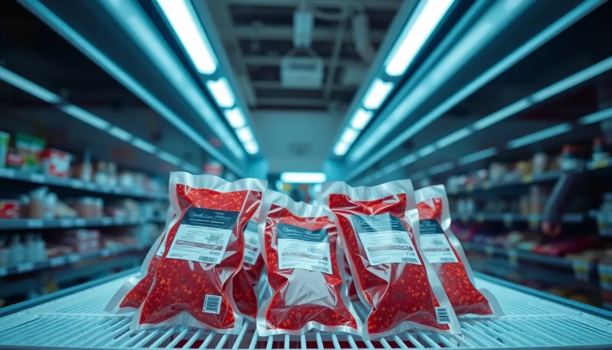 Paquets de saucisson sec sous vide alignés sur une étagère réfrigérée de supermarché, montrant les emballages pasteurisés et étiquetés