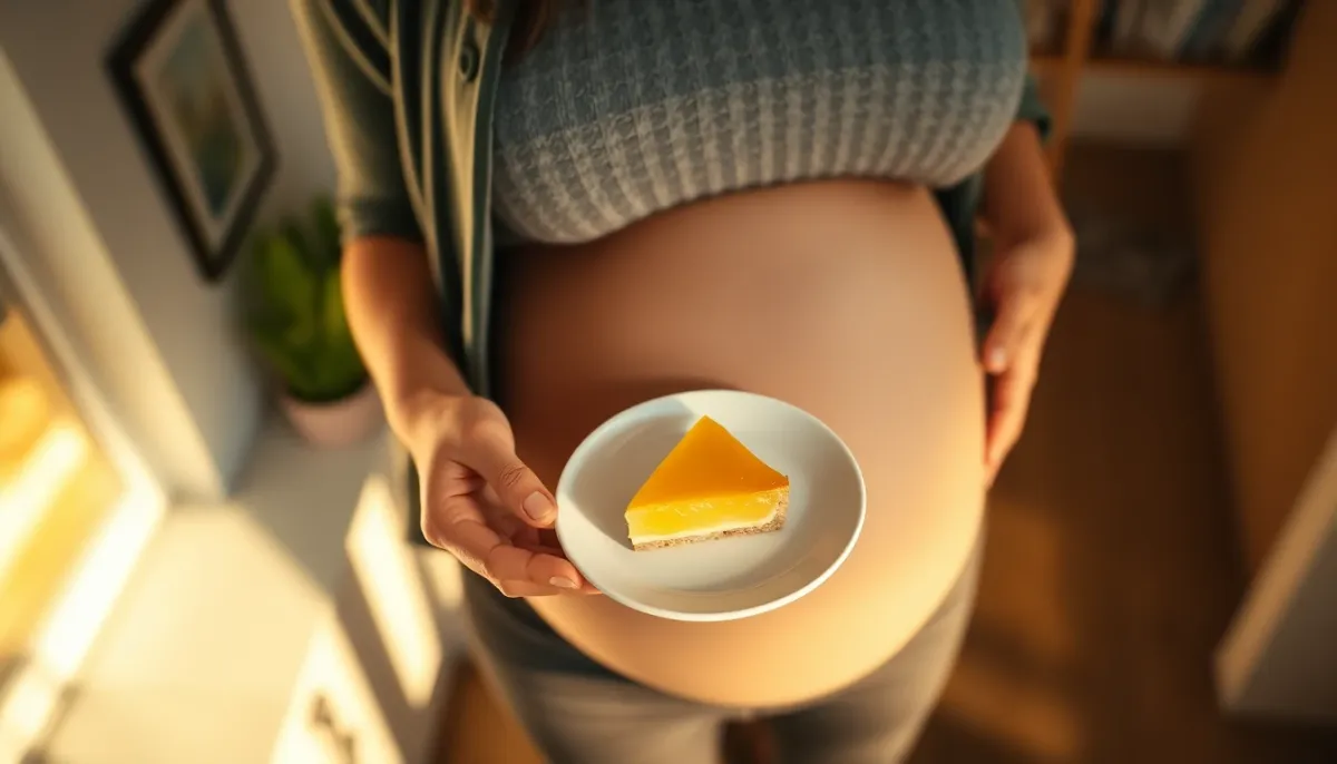 Mains d'une femme enceinte tenant une assiette avec une part de tarte au citron en cuisine lumineuse