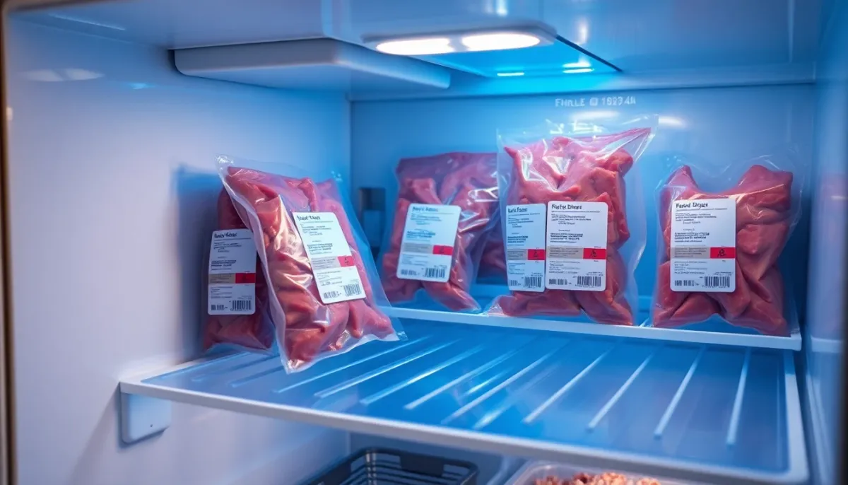 Produits carnés sous vide correctement stockés dans un réfrigérateur bien organisé